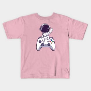 Cute Astronaut Sitting On Game Controller Cartoon Kids T-Shirt